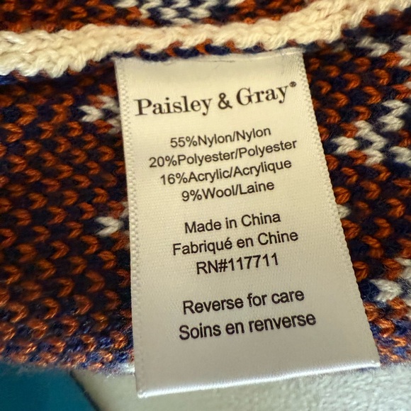 Paisley and Grey Winter Knit Beanie Hat with Pom Pom - Ivory, Rust, Navy - Picture 3 of 5